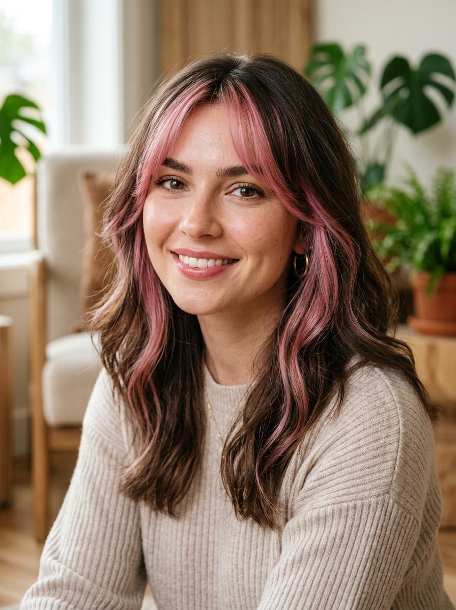 Pinke Strähnen mit Curtain Bangs - pinke Strähnen Idee